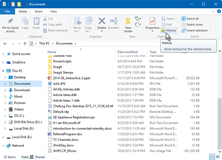 Tiedostojen palauttaminen tiedoston historiasta Windows 10: ssä