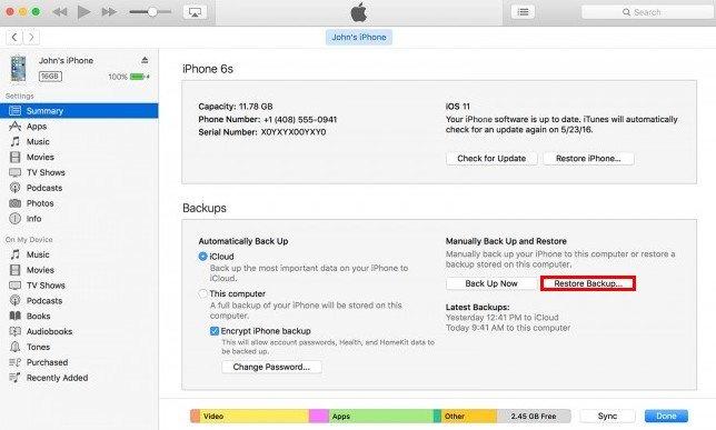 iTunes ripristina il backup