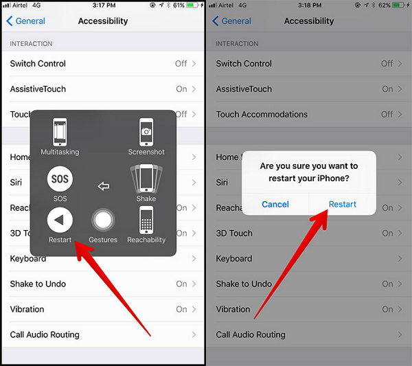 lisää uudelleenkäynnistysvaihtoehto ios 11: ssä