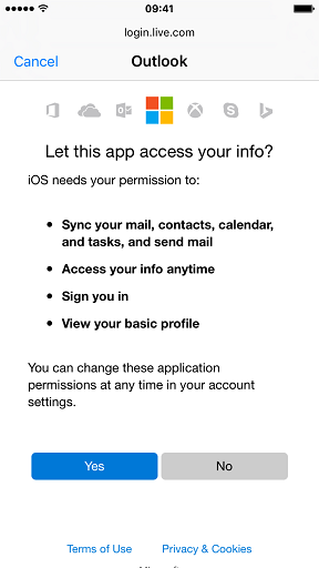 permitir el acceso a Outlook de datos de iOS