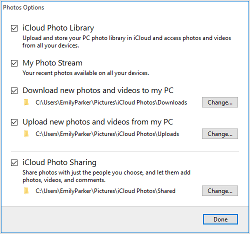 icloud fotó opciók ablakai