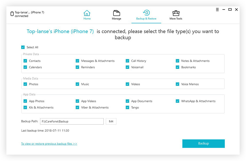 testo di backup icarefone