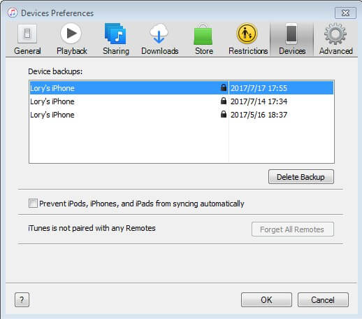 iTunes ค้นหาไฟล์สำรอง